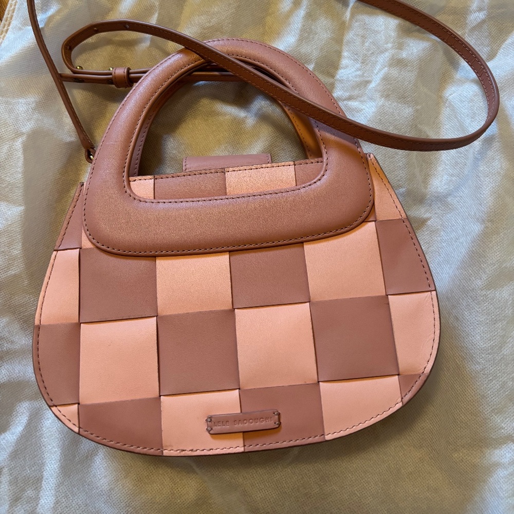 Lele Sadoughi Pink and Tan Woven Leather Top-Handle Crossbody Bag